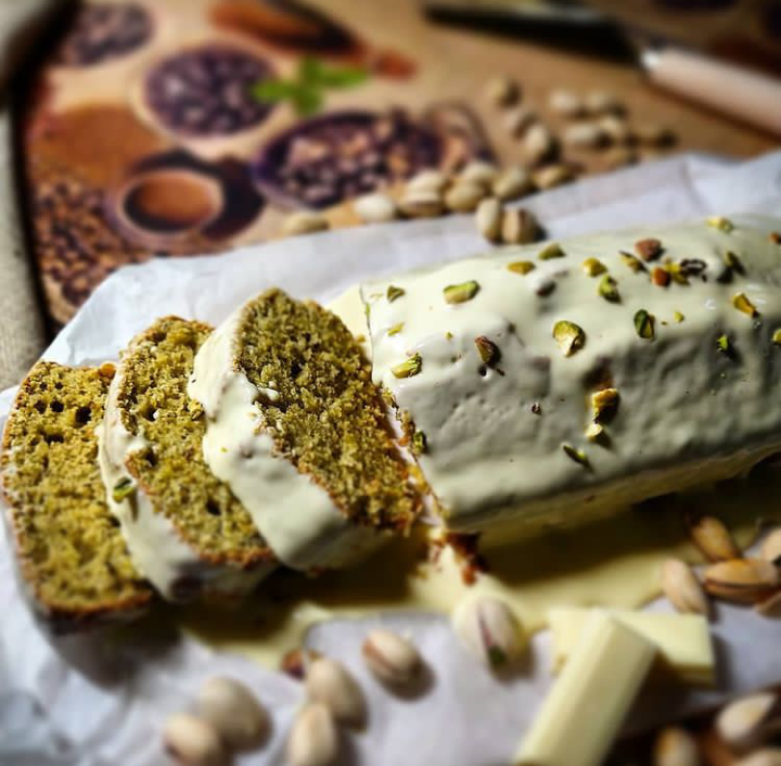 Pistachio Cake coated in White Chocolate